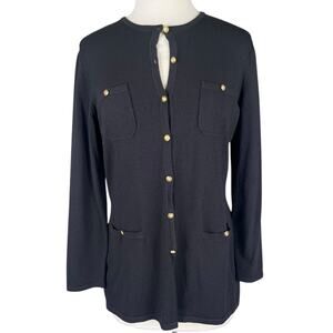 Vintage Talbots Cardigan Sweater Jacket Womens Medium Petite Black Gold Buttons